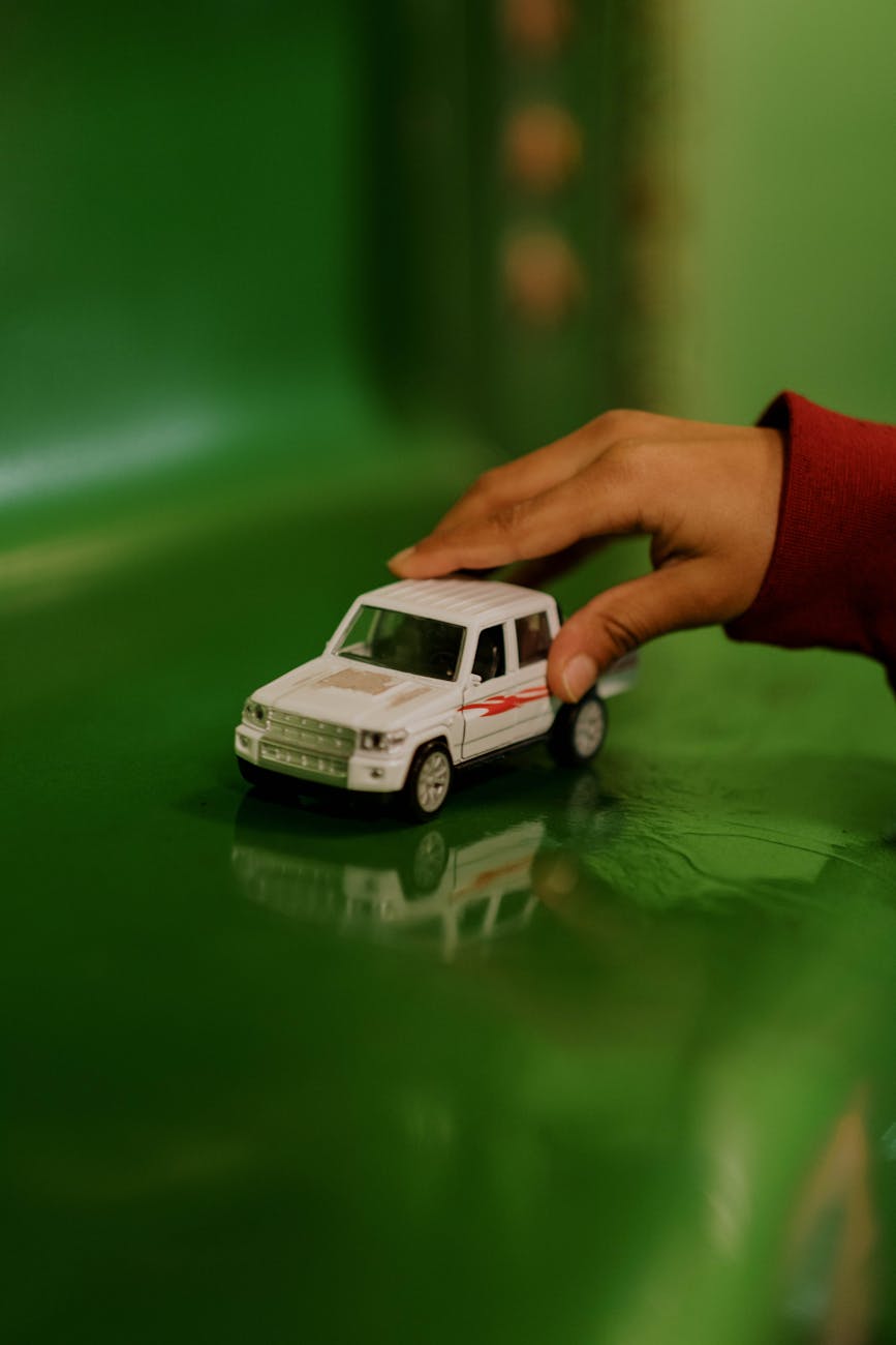 person holding white and black toy car